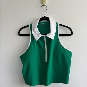 Green Sleeveless Polo Crop Top with White Collar